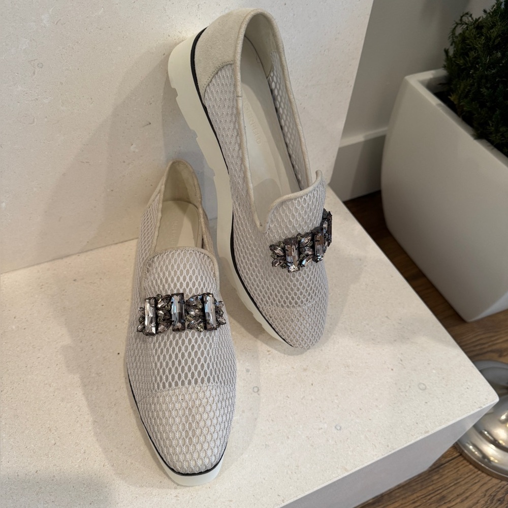 Embellished Cream Mesh Slip-On Loafers